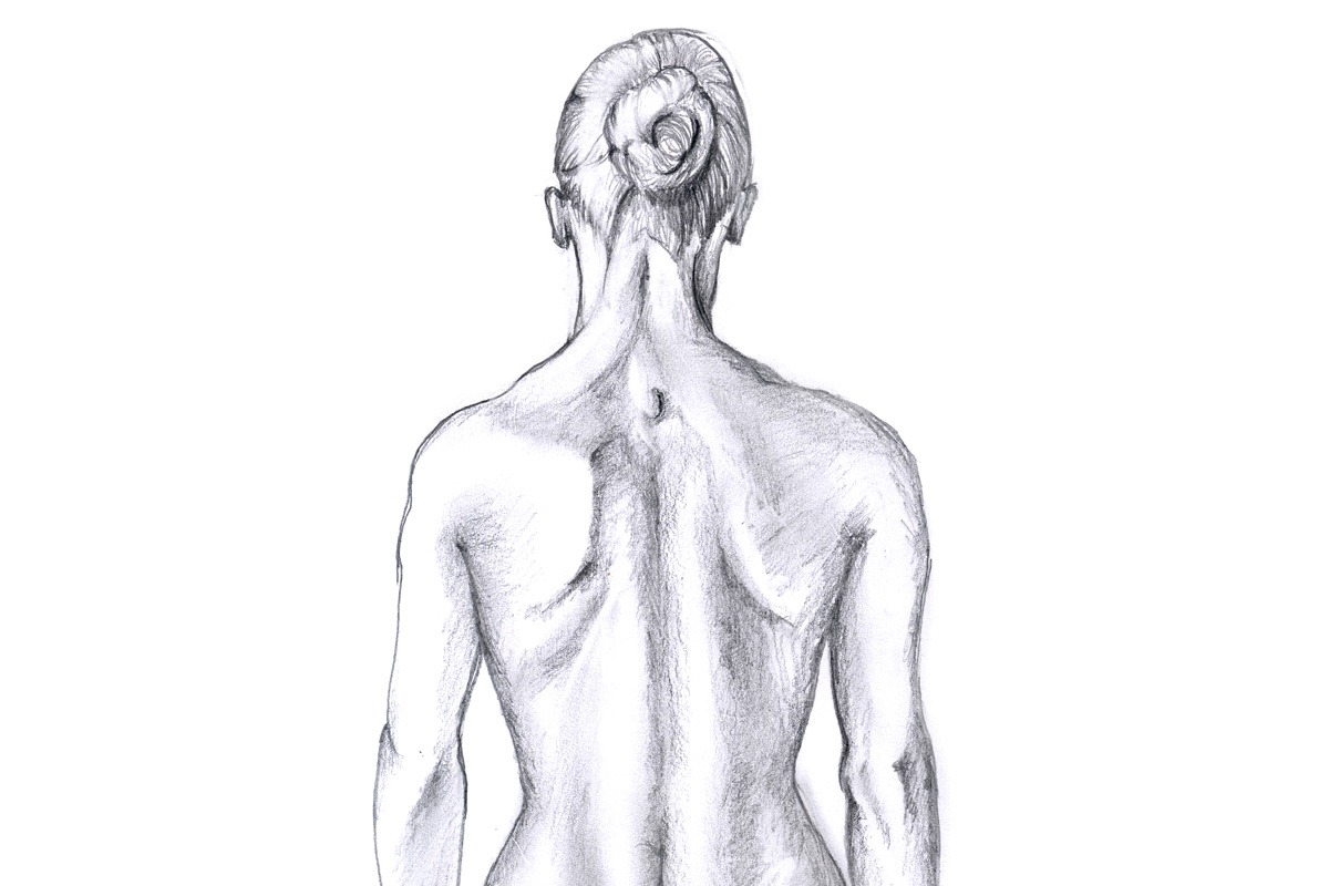 Pencil sketch of the back of a female model