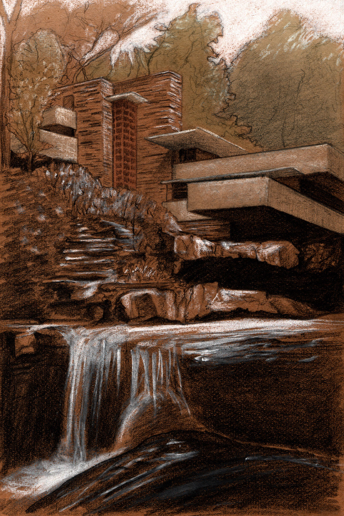 Chalk and pencil drawing of Falling Water by architect Frank Lloyd Wright